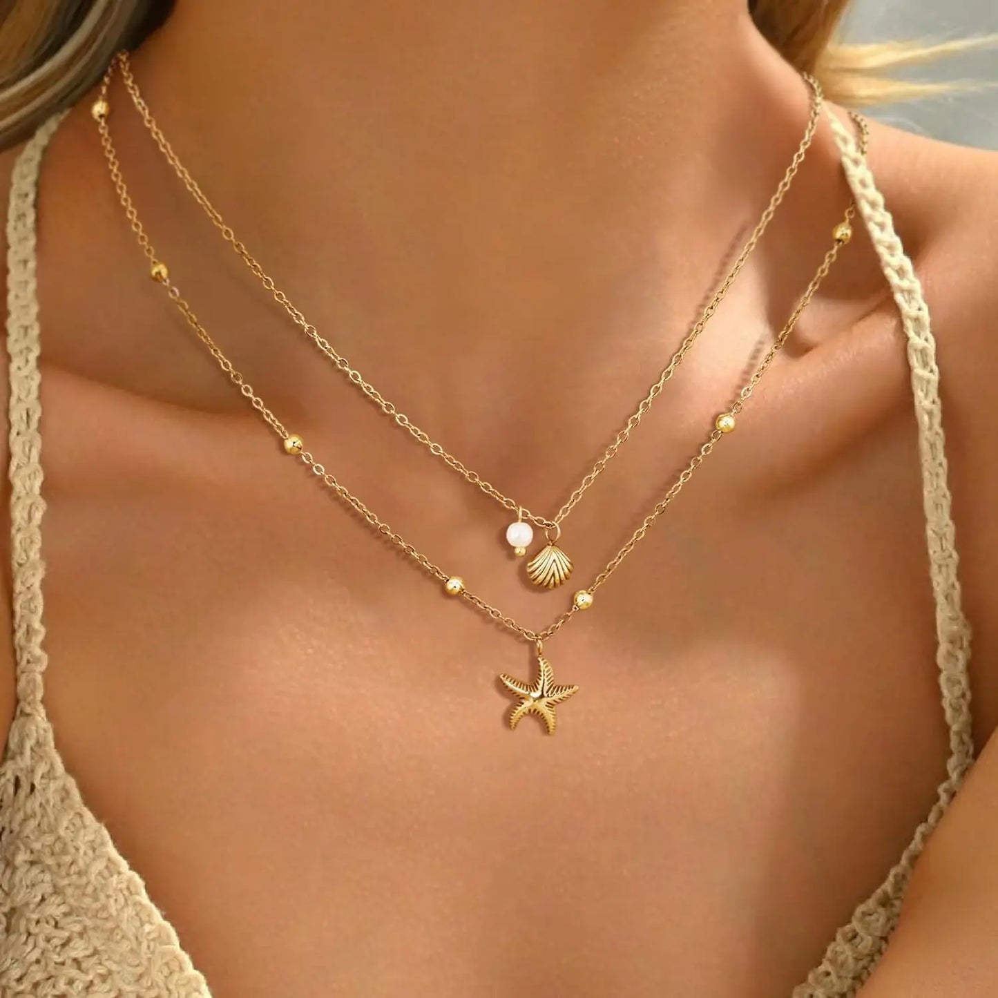 Collar Doble Dorado con Colgantes de Mar – Estilo Boho Chic Verano